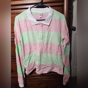 No Boundaries Cropped Pink And Green Striped Polo Long Sleeved Shirt